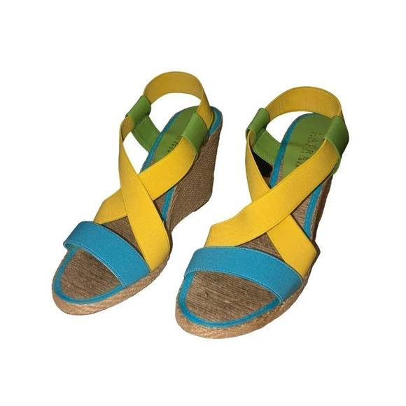 Lauren Ralph Lauren Sz 9 Womens Lemon Turq. Green Strappy Elastic Wedge Sandals - Picture 2 of 8